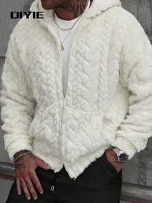 DIYIE 男士秋冬长袖保暖外套，纹理面料，抓绒内衬，秋冬长袖外套，男士简约休闲连帽开衫外套 - 杏色 - 查看 1