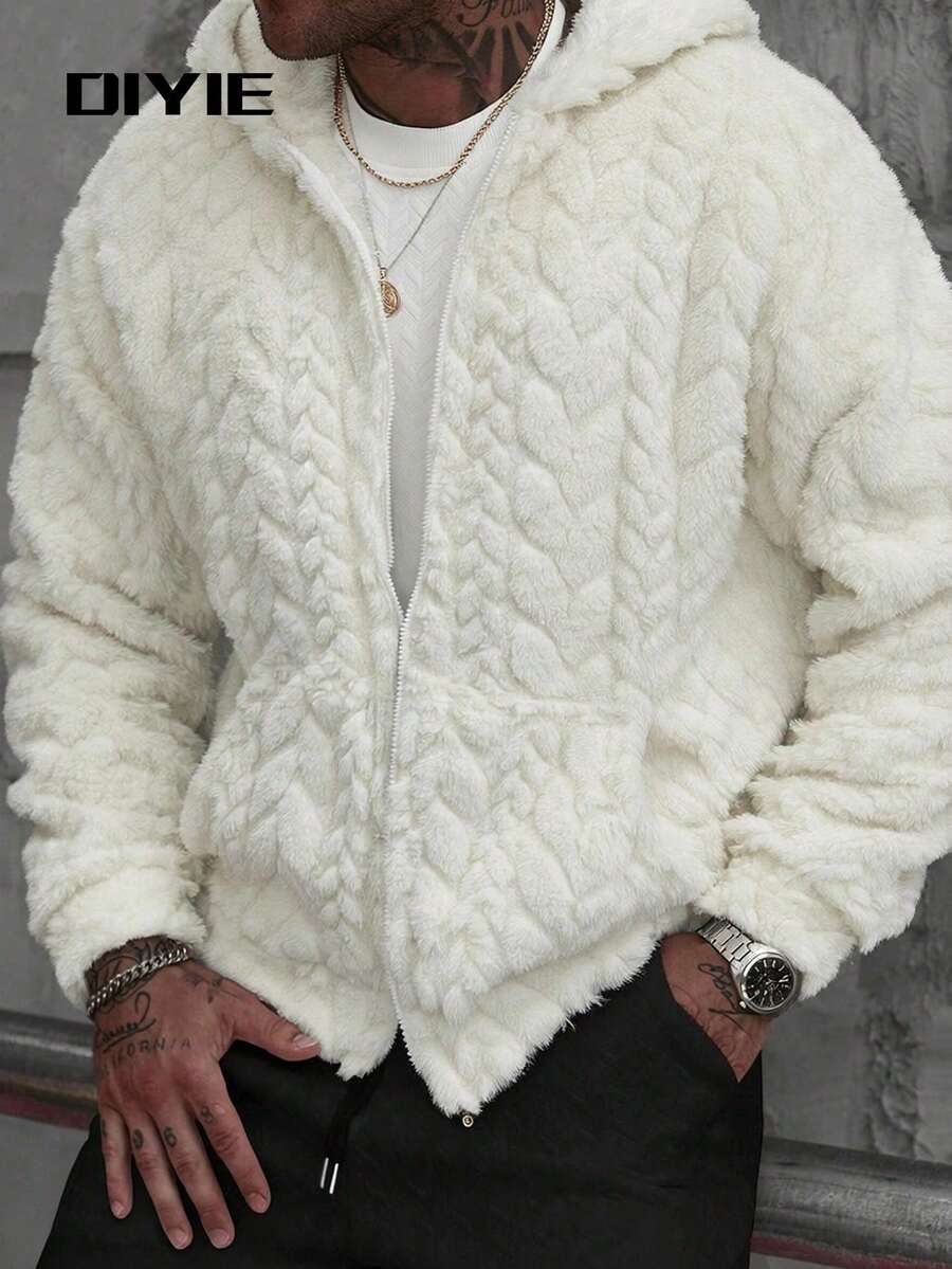 DIYIE 男士秋冬长袖保暖外套，纹理面料，抓绒内衬，秋冬长袖外套，男士简约休闲连帽开衫外套 - 杏色 - 查看 1