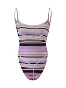 Women's Polka Dot Bodysuit, Y2K Backless Bodycon Romper, Square Neck Thong Bodysuit, Adjustable Shoulder Strap Cami Bodysuit Top, Ultra Thin G-String Bottom, One Piece Camisole Slim Crop Tank Jumpsuit For Summer Streetwear - Màu tím - Xem 11