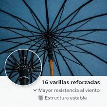 Paragua Clasica Grande Largo  Automatico Antiviento Tamaño para mujer y hombre, Impermeable, Mango Curvo, Resistente al Viento. Ideal para los dias de Lluvia.Paragua grande con mango de madera - Liso Azul - antiviento 16 varillas - Ver 3
