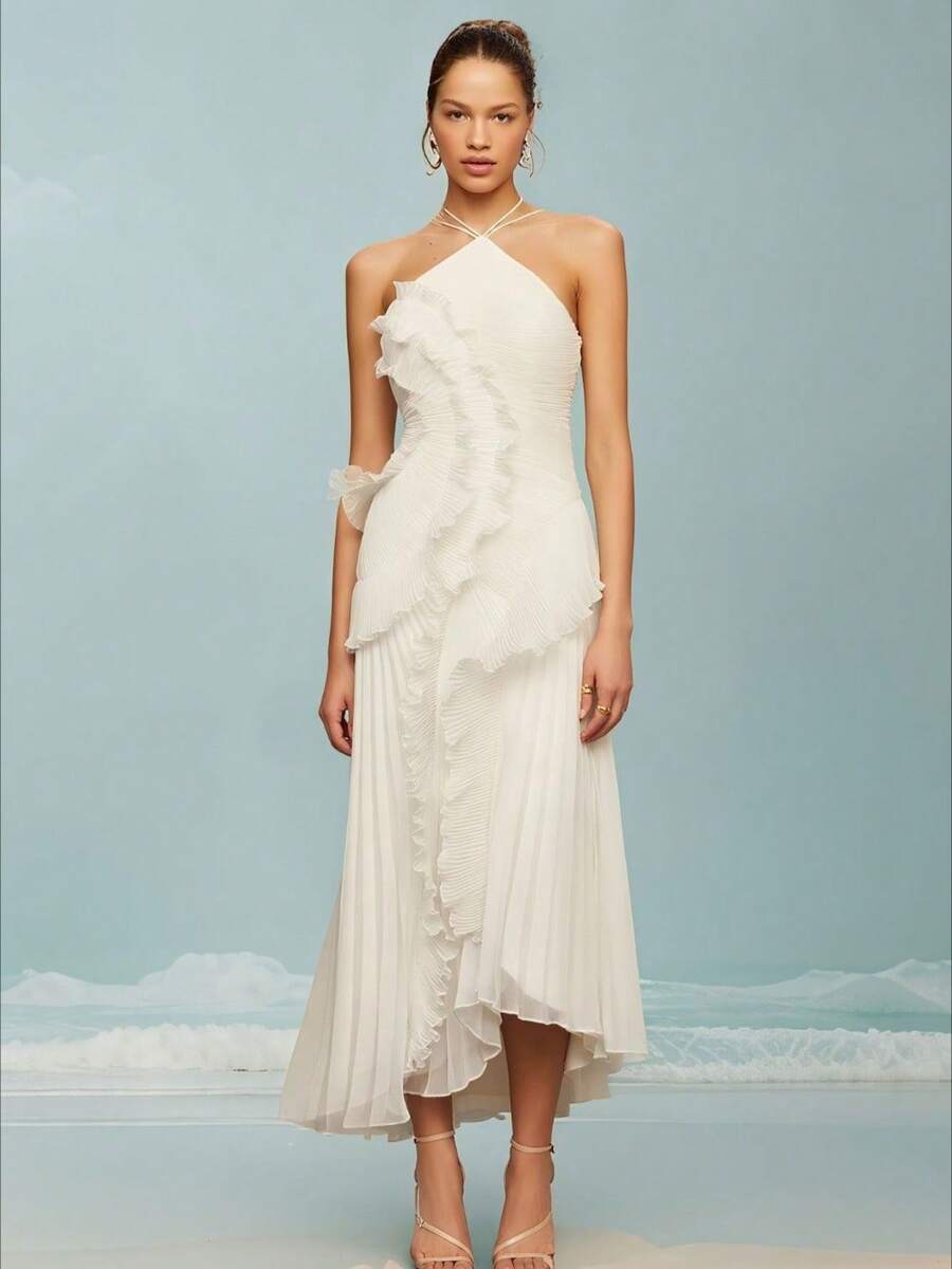 Ladies Elegant, Fashionable, Slim Fit, Ladies' Style, Party, Vacation, Daily Temperament, Socialite, Ruffled Edge, Pleated Neck Hanging, Suspender Dress, Long Skirt, Women - trắng - Xem 1