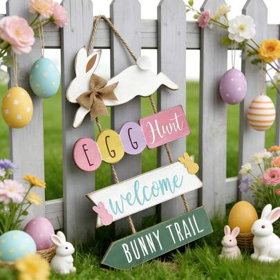 1pc Vintage Wooden Easter Bunny Welcome Sign, Egg Hunting Easter Decor, Easter Door Hanging, Indoor Outdoor Spring Decoration