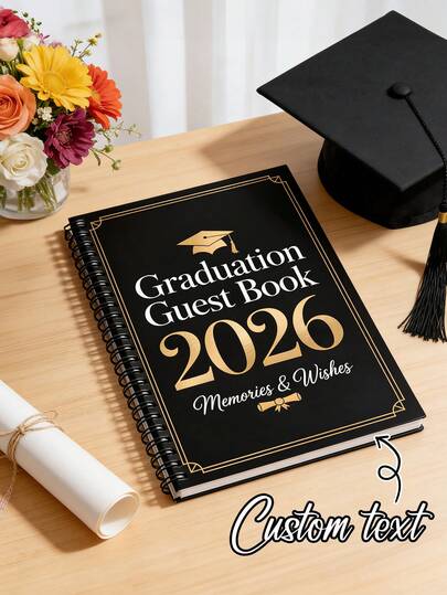 1 szt. Księga Gości z Niestandardowym Tekstem na Ukończenie Studiów 2026 (Wzór z Czarnej i Złotej Folii), Spersonalizowana Księga Gości z Wspomnieniami i Życzeniami z Ukończenia Studiów, Notatnik na Ukończenie Studiów, Księga Gości na Przyjęcie Ukończeniowe, Rekwizyty do Fotobudki, Księga Gości z Projektem Złotej Folii i Czapki Absolwenta