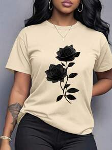 Spring Clothes Women's Clothing, Ladies Plus Size T-Shirt Black Rose Print - Casual Short Sleeve Round Neck Top, Medium Stretch Fabric, All-Season Com - 杏色 - 查看 12