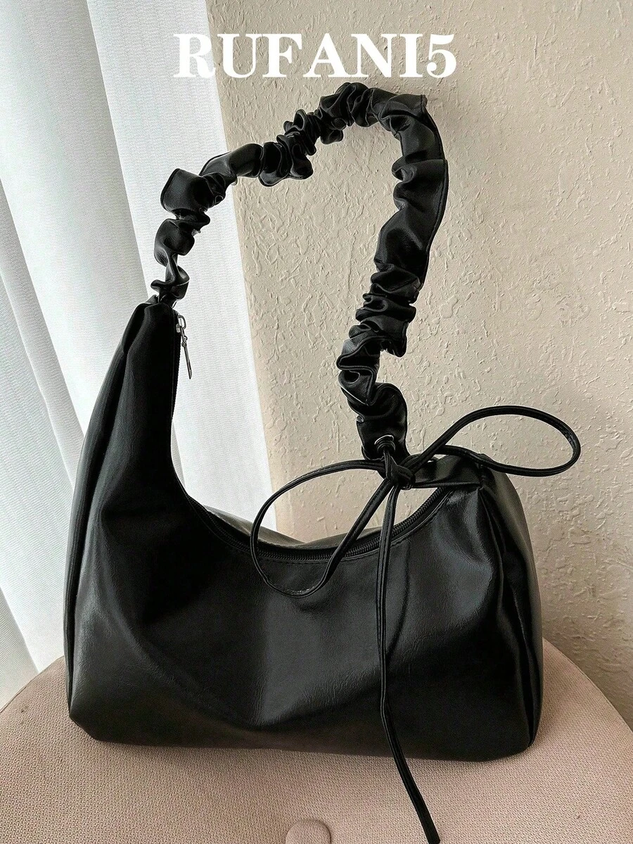 1pc Solid Color Elegant Pleated Wave Design Cross-Body Bag Suitable For Ladies' Daily Use, Dating And As A Gift, Japanese Bag, Street & Japanese Bag For Women , Y2k - Black - View 1