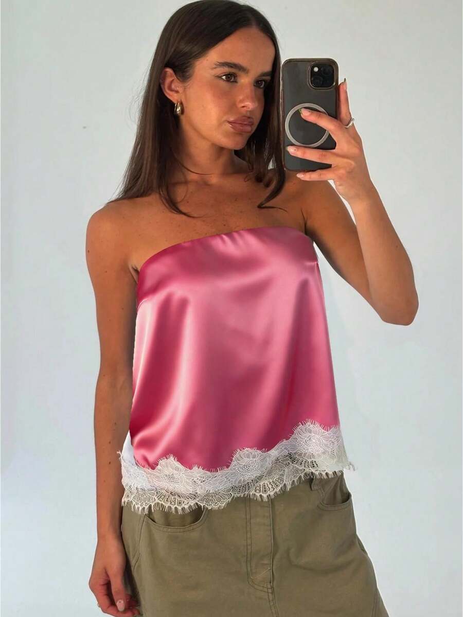 Awevudst Women Lace Trim Satin Tube Tops Loose Summer Bandeau Tank Tops Beachwear Party Clubwear Going Out Tops - 粉色 - 查看 1