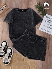 RELL 棉质夏季女装街头时尚复古通勤 Y2K 服装圆领短袖黑色水洗 T 恤短裤两件套优雅 - 黑色 - 查看 1