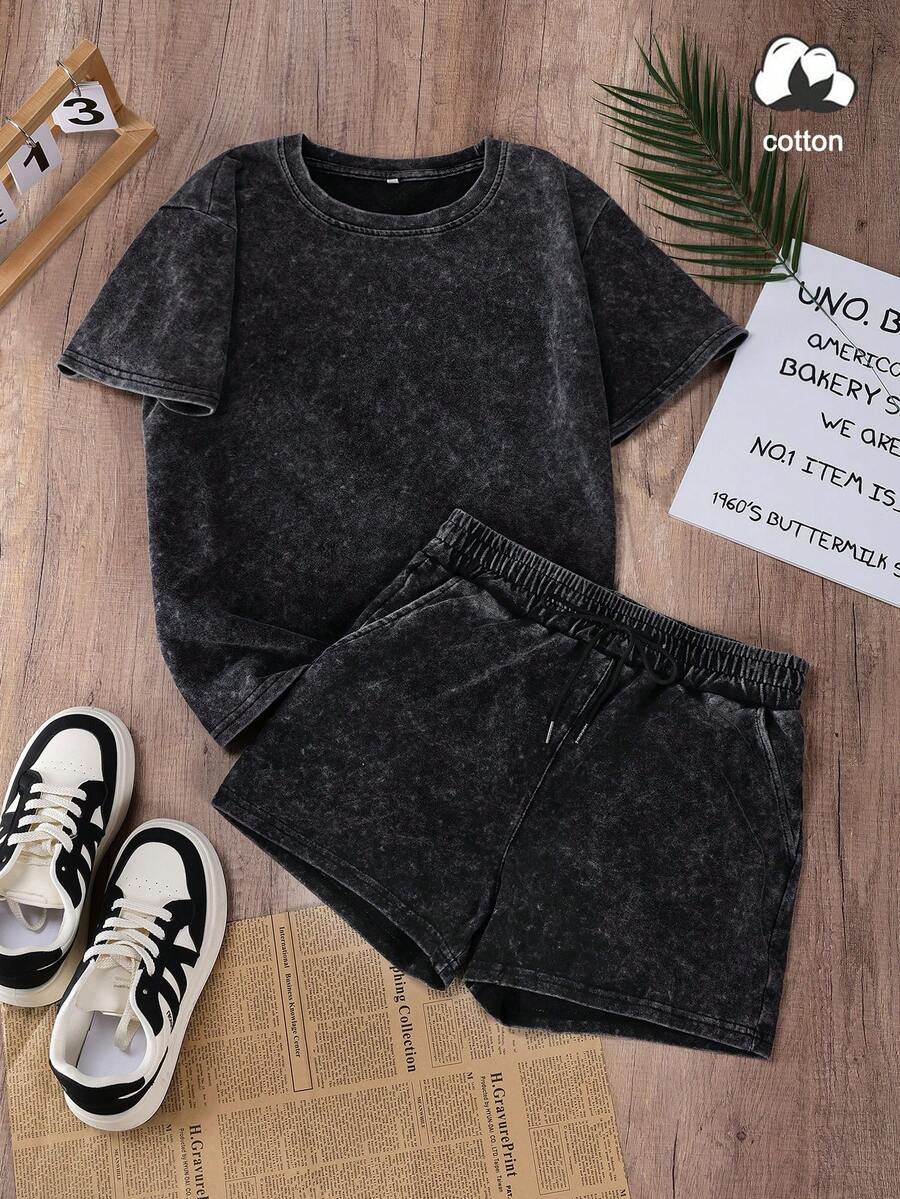 RELL 棉质夏季女装街头时尚复古通勤 Y2K 服装圆领短袖黑色水洗 T 恤短裤两件套优雅 - 黑色 - 查看 1