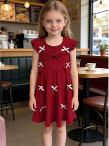 Conjunto de moda casual y lindo para niña, chaqueta de punto con lazo + vestido de tirantes de punto con lazo - Rojo - Ver 3