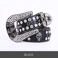 1PC Skull Rhinestone Leather Belt, Bling Crystal Studded Waist Belt, Western Style Punk Belt For Men & Women, For Jeans, Halloween, Parties, Nightclub, Adjustable Eye-Catching Fashion Belt For Daily & Costume Use - 黑底 白鑽 - 查看 6