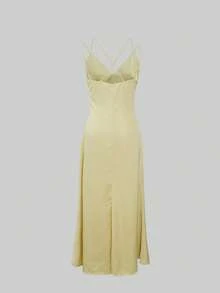 2026 Spring/Summer New Fashionable Satin Sexy Spaghetti Strap Deep V Glossy Eye-Catching Elegant Niche Party Atmosphere Romantic Date Long Dress, Suitable For Valentine's Day Party, Carnival, Wedding Guest - Yellow - View 10