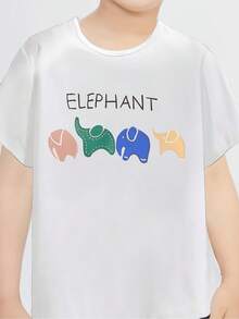 Boys' Elephant Pattern T-Shirt - Soft Elastic Fabric, Casual Crew Neck Shirt With Playful Elephant Print, Summer Essential For Kids, Elephant Shirt - White - View 1