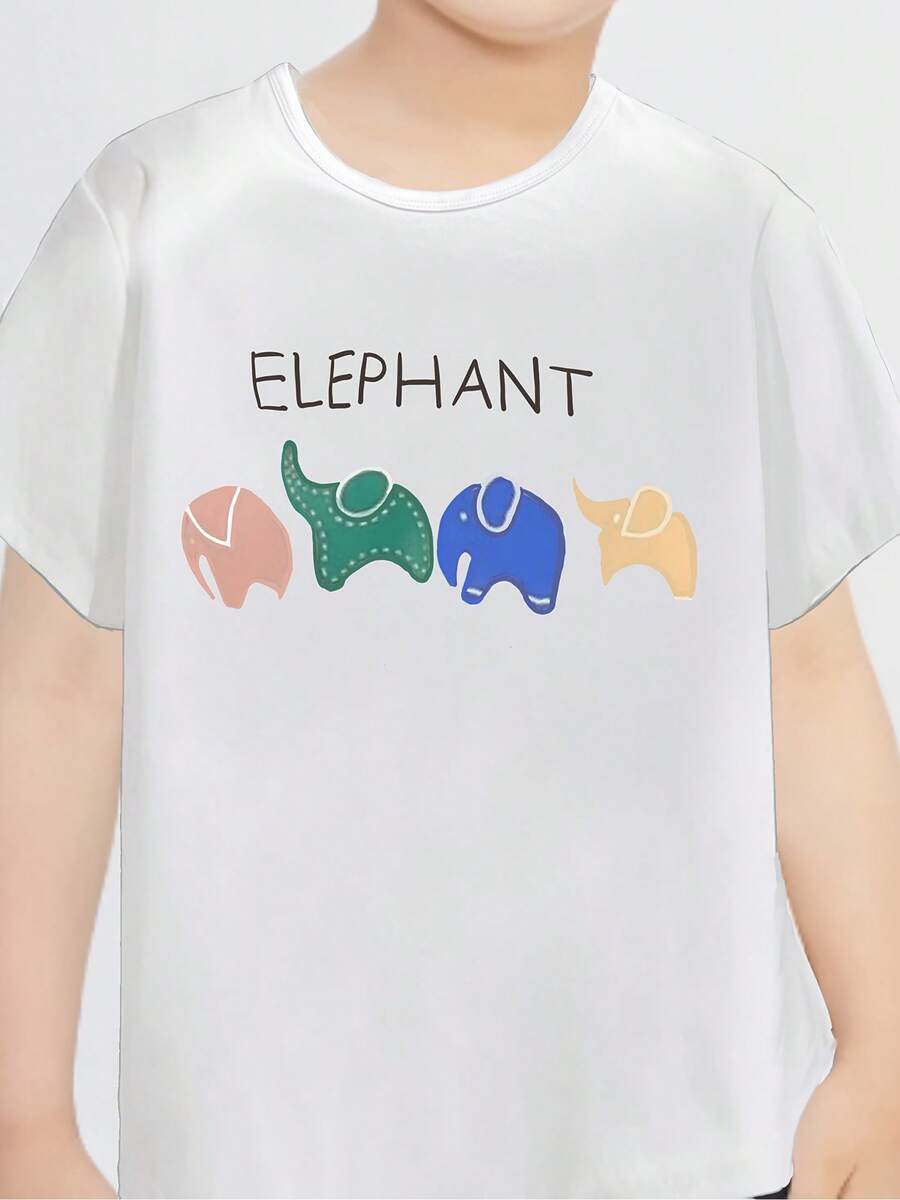 Boys' Elephant Pattern T-Shirt - Soft Elastic Fabric, Casual Crew Neck Shirt With Playful Elephant Print, Summer Essential For Kids, Elephant Shirt - White - View 1