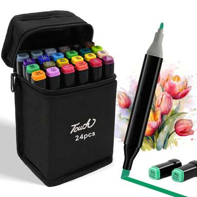 24色双头酒精马克笔套装，永久性双头马克笔，适用于绘画、混色、插画、成人涂色、素描，酒精马克笔，艺术家马克笔