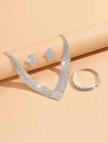 طقم قلادة مجوهرات أنيق مرصع بالكريستال ذو تصميم هندسي وشرابات، مناسب للعرائس والسيدات، مناسب للحفلات الراقية والسهرات الفاخرة. (متعدد الأنماط للاختيار منها) - فضي - مشاهدة 8