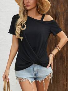 Women's Solid Color Asymmetrical Shoulder Short Sleeve T-Shirt, Fashionable European Style Casual - Black - View 4