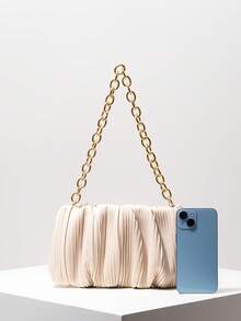 حقيبة كتف معدنية مطوية ومكرمشة، محفظة نسائية أنيقة، مناسبة للتنقل والعمل والحفلات والمواعيد (نمط عشوائي) - لون مشمشي - مشاهدة 3