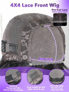 26英寸直发真人发无胶假发，4x4蕾丝，即戴即走，无需胶水，真人发，预先拔毛，预先剪裁，漂白发结，升级版蕾丝前假发，直发4x4无胶蕾丝闭合假发，女士款，180%/250%密度，隐形贴合肌肤，无需胶水，蕾丝前闭合假发，自然黑（8-30英寸） - Natural Black - 查看 7