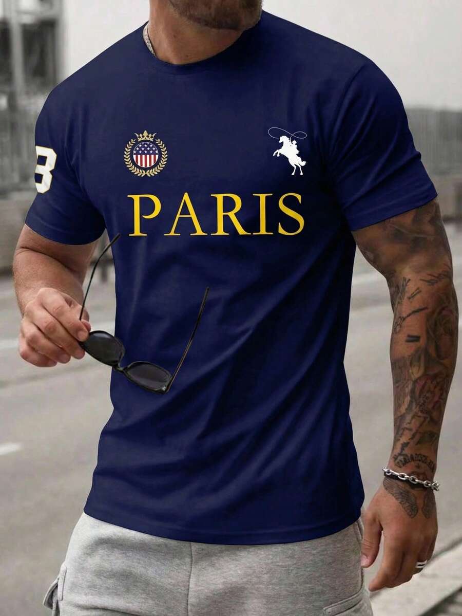 Camiseta de manga corta con estampado gráfico casual nueva para hombres, uso versátil diario - Multicolor - Ver 1