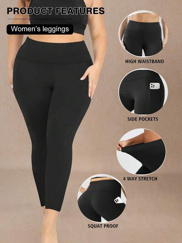 1pc Women Plus Size Solid Seamless Yoga Leggings, Foldable Tummy Control Waist Lifting Butt Lifting Pockets, Suitable For Gym, Workout, Daily Wear, Travel, Elastic Fitted Design