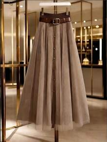 女士极简时尚格子网纱半身裙 - 卡其色 - 查看 1