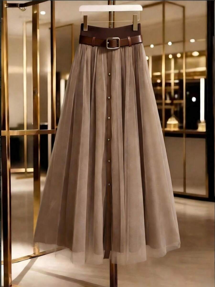 女士极简时尚格子网纱半身裙 - 卡其色 - 查看 1