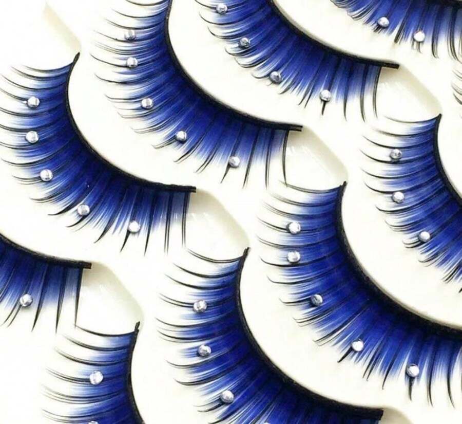 5 Pairs Blue Fluffy False Eyelashes With Rhinestone 3D Shiny Long And Thick Exaggerated False Eyelashes Extension Handmade Grafting Dramatic Fake Eyelashes Makeup Eye Lashes For Women And Girls - trắng - Xem 1