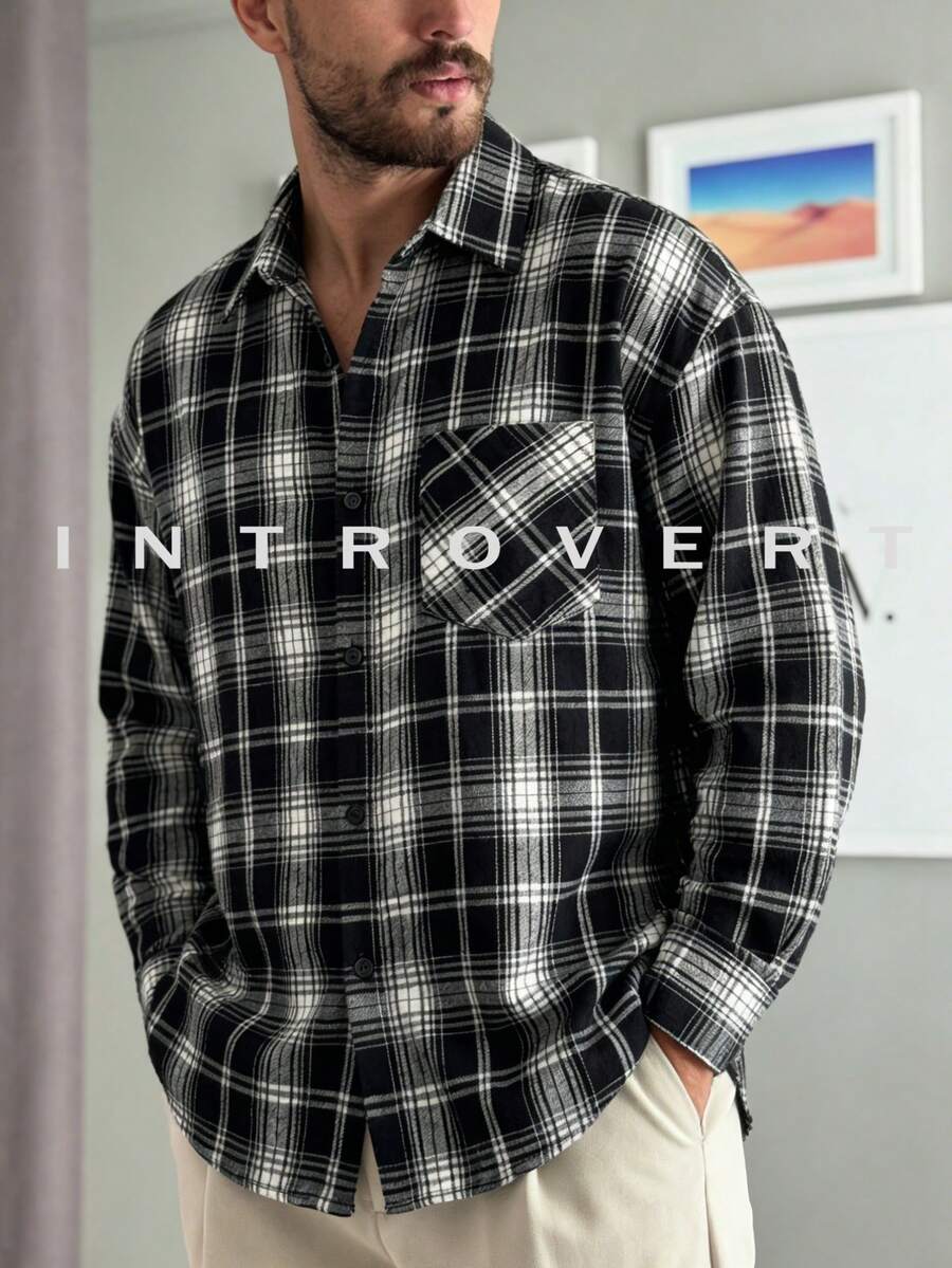 Men's Spring And Autumn Thin Checkered Long Sleeve Shirt Simple And Versatile Casual American Pocket Shirt - Black - View 1