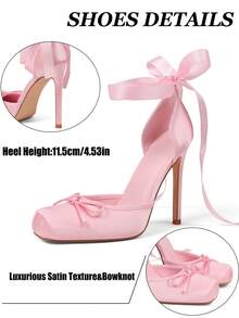Stain Ballet Heels Women Stiletto Pumps Closed Square Toe Bow Ballerina Lace Up Strappy Valentine's Day Elegant Party Shoes - 粉色 - 查看 7