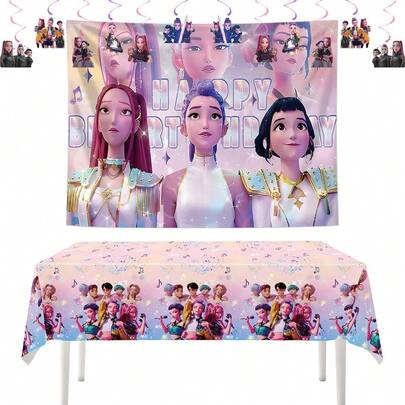 1件，K-POP流行创意周边产品，派对装饰，家居装饰桌布，粉色男团桌布，适合节日和生日（包装样式随机）