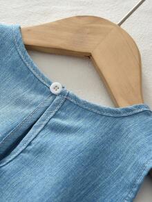 Summer Light Blue Girls 2 Pieces Set, Denim Effect Vest And Lace Trim Pants, Casual Outfit - Blue - View 7