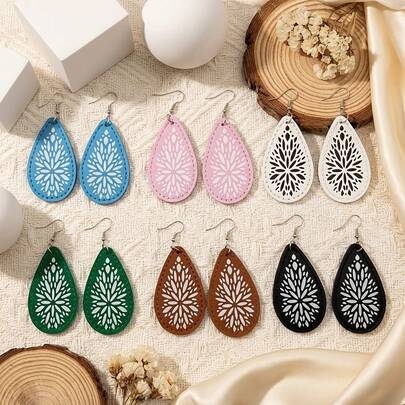 1 par de pendientes de mujer de estilo clásico y moderno, pendientes de doble cara con estampado de mandala estilo bohemio, diseño de gota de agua delicado con borde sellado compuesto grueso, material de PU, ligero y portátil, adecuado para uso diario, vacaciones, regalos, celebraciones y fiestas