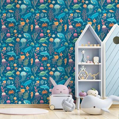 1 Roll Underwater World Self-Adhesive Wallpaper, Featuring Whales, Sea Turtles, Jellyfish, Coral Patterns, Blue Fresh Style Vinyl Wall Paper, PET Seamless Removable Contact Paper, Waterproof Moisture-Proof Wall Protector, Ocean Life Mural, Easy To Install, For Kitchen, Dining Room, Bedroom, Living Room, Furniture Renovation, Rental Decoration, Straight Match, Seamless Splicing, 17.32x118.11/196.85/393.7 Inches