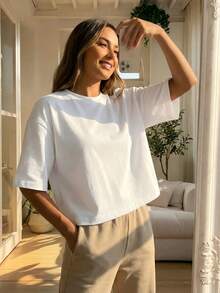 Blusa de mujer de corte holgado, cuello redondo, manga corta, casual, adecuada para primavera y verano, con estilo minimalista, elegante y sexy Y2K, apta para uso diario, oficina, hogar y exteriores - Blanco - Ver 5
