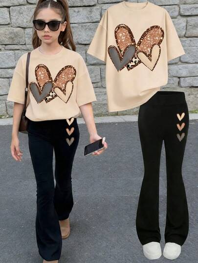 2 Pieces Cute & Edgy Heart Set For Girls, Graphic T-Shirt & Flared Pants, Soft & Comfortable Fabric, Casual Outdoor 2 Pieces Teen Outfit