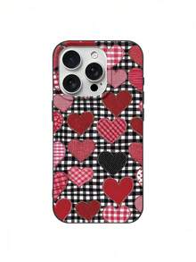 1个情人节双色格子背景心形图案荔枝纹理防震手机壳，TPU材质，适合作为男女节日礼物，兼容 XS/XS Max/XR/11/12/13/14/15/16/17 Pro/Pro Max/14/15/16/17 Plus - 彩色 - 查看 1