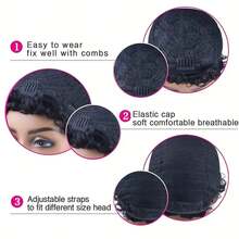 Afro Kinky Curly Bob Wig With Bangs Brazilian Human Hair Wig For Women Short Water Curly Pixie Cut Remy Human Hair Wig Full Machine Made 4" 200% Density For Daily Wear & Cosplay & Parties & Music Festival & Valentine's Day - Natural Black - View 9