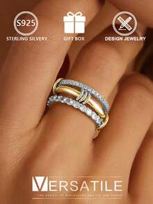 Juego de anillos apilables de plata de ley de dos tonos 925, anillos de plata con incrustaciones de circonita cúbica multicapa, minimalista y versátil para uso diario/caja de regalo - Plateado - Ver 9