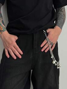 1pc Retro Geometric Faux Pearl Wrapped Double-Layer Cross Chain, Charming Jewelry Waist Chain, Gothic Punk High-End, Casual Minimalist, Street Snap, Rock Hip-Hop, Party, Daily Couples Versatile Fashion Men Necklace Gift - Pants Chain - View 1