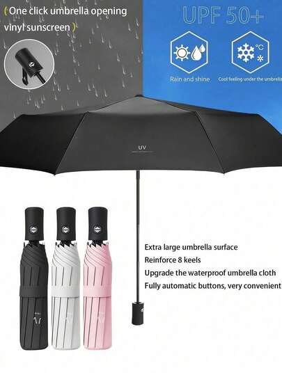 1 pieza Paraguas automático, Paraguas plegable grueso y grande, Paraguas de doble uso para sol y lluvia, Protección UV para mujeres y estudiantes