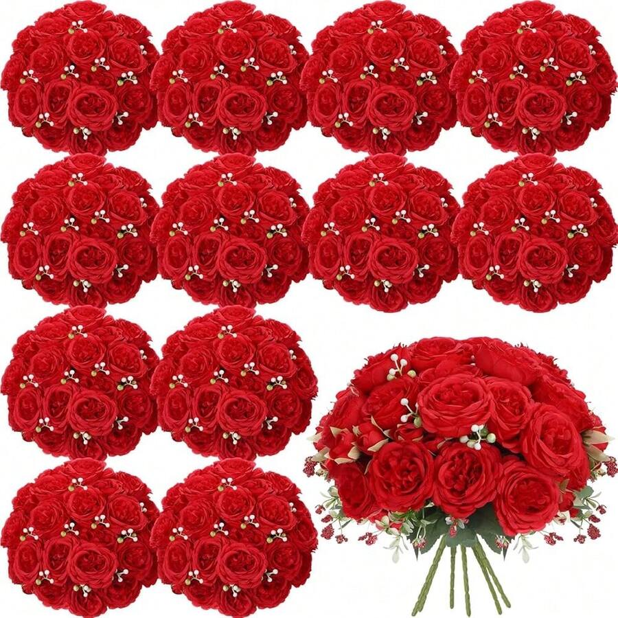 16 Bundles Artificial Peonies Flowers Fake Silk Peony Bouquet Faux Peonies Flowers Bulk For Decoration Vase Floral Arrangements Wedding Party Table (Bright Red) - 鮮紅色 - 查看 1