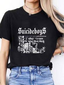 Super Value Hot  T-Shirt Full Sizes S-5XL Suicideboy Specen Gldt Boom & Sounds By Loying Meth I Want To Dife In New Orleans Tour, Casual Print, Comfortable And Versatile, Letter Pattern Pure Cotton 220g Printed T-Shirt Suitable As A Gift For Fans HR001 - 黑色 - 查看 1