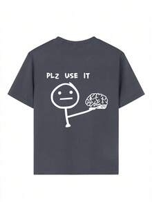 男童休闲印花圆领短袖T恤，夏季上衣 - 深灰色 - 查看 5