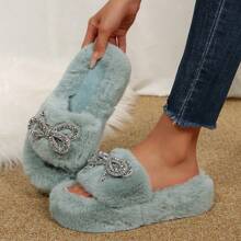 Women's Elegant Rhinestone Bow Slippers Cozy Fur Slides For Indoor And Relaxation Wear - Màu xanh lam - Xem 6