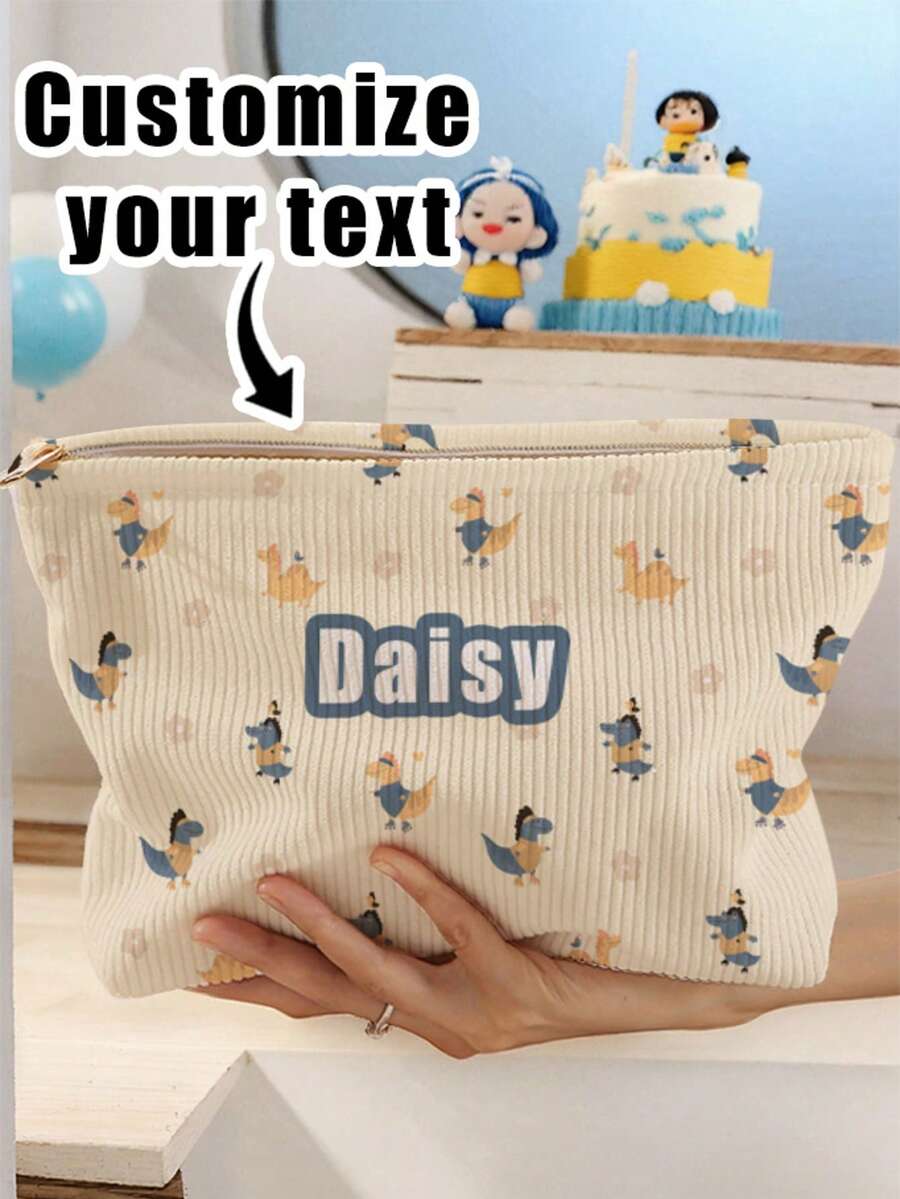 1pc Customized Name Cartoon Dinosaur Pattern Corduroy Toiletry Bag, Perfect For Organizing Toiletries On The Go, Can Be Customized According To Your Unique Design, Very Suitable For Children, Print Your Own Name Or Print Your Sister's And Classmates' Names As A Gift For Them