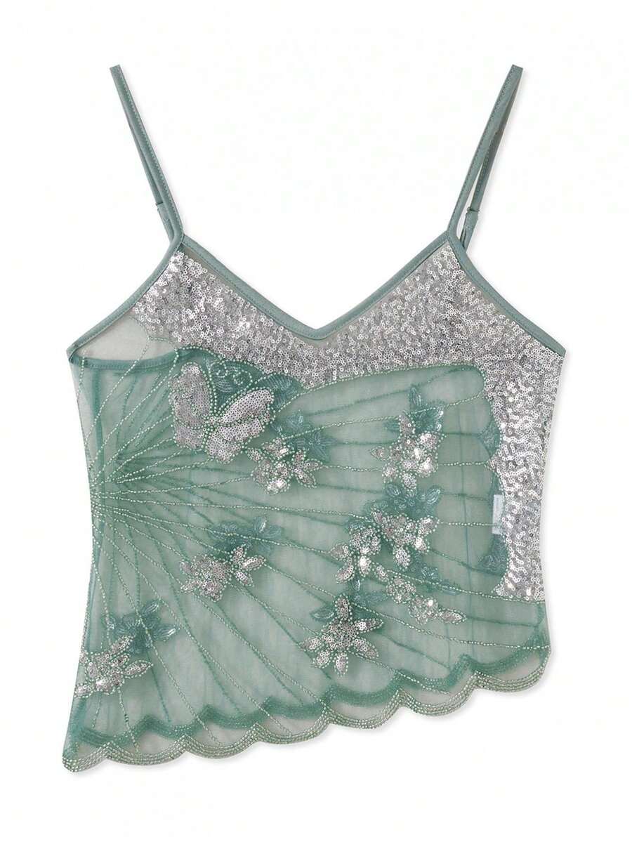 Women's Y2K Sequin Butterfly Cami Tops Sleeveless Spaghetti Strap Sheer Camisole Top Bling 3D Floral Embroidery Tank Crop Tops Summer See Through Backless Shirt Going Out Tops Party Club Streetwear Rave Outfit Beach Vacation Outfits - 淺綠 - 查看 1