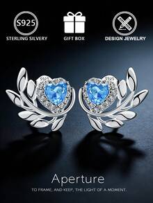 Boucles d'oreilles à tige en feuille de diamant bleu en argent sterling S925, boucles d'oreilles créoles florales en zircone cubique, style élégant et polyvalent pour le travail, cadeau pour petite amie/anniversaire, boîte cadeau - Argent - Voir 2