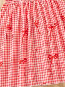 Girls' Casual Outing Fashion Plaid Bow Print Pattern Collar Ruffle Decor 3D Bow Design Flared Hem Square Neck Puff Sleeve Knee-Length Casual Dress, Spring/Summer - Red - View 7