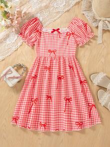Girls' Casual Outing Fashion Plaid Bow Print Pattern Collar Ruffle Decor 3D Bow Design Flared Hem Square Neck Puff Sleeve Knee-Length Casual Dress, Spring/Summer - Red - View 1