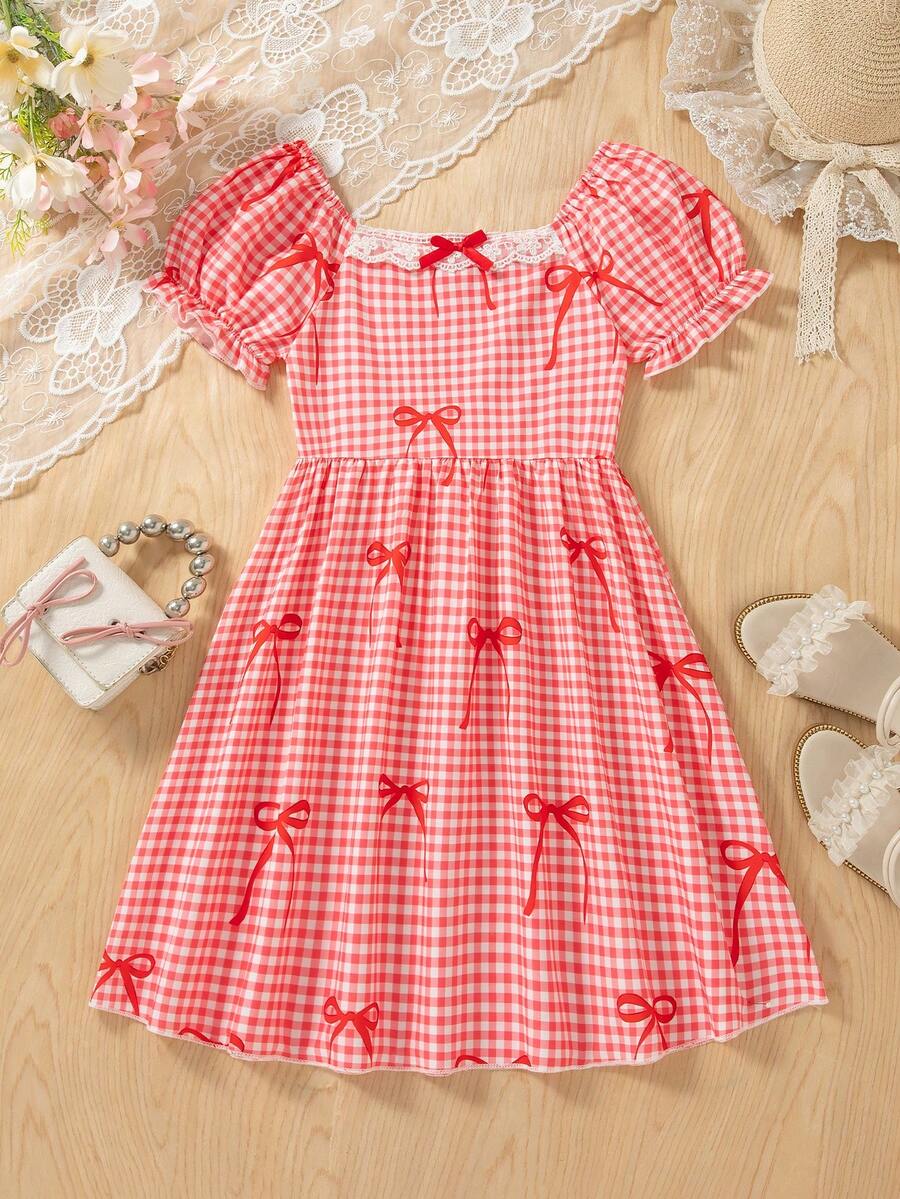 Girls' Casual Outing Fashion Plaid Bow Print Pattern Collar Ruffle Decor 3D Bow Design Flared Hem Square Neck Puff Sleeve Knee-Length Casual Dress, Spring/Summer - Red - View 1